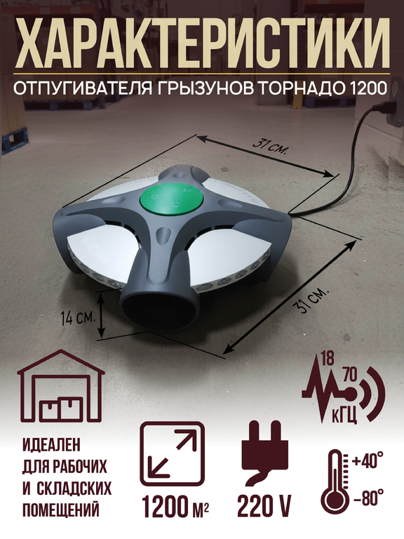 Ультразвуковой отпугиватель грызунов Торнадо 1200 (площадь 1200м2, 4 излучателя)