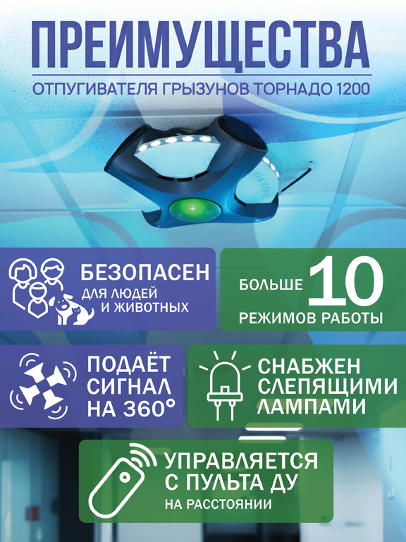 Ультразвуковой отпугиватель грызунов Торнадо 1200 (площадь 1200м2, 4 излучателя)